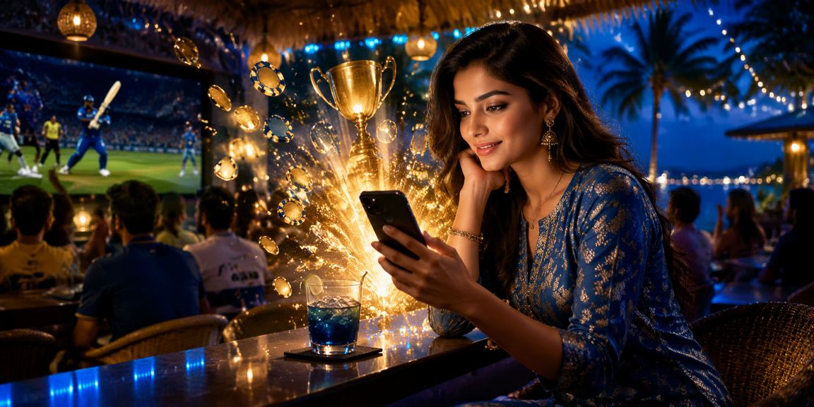 Indian woman watching cricket match and betting on smartphone