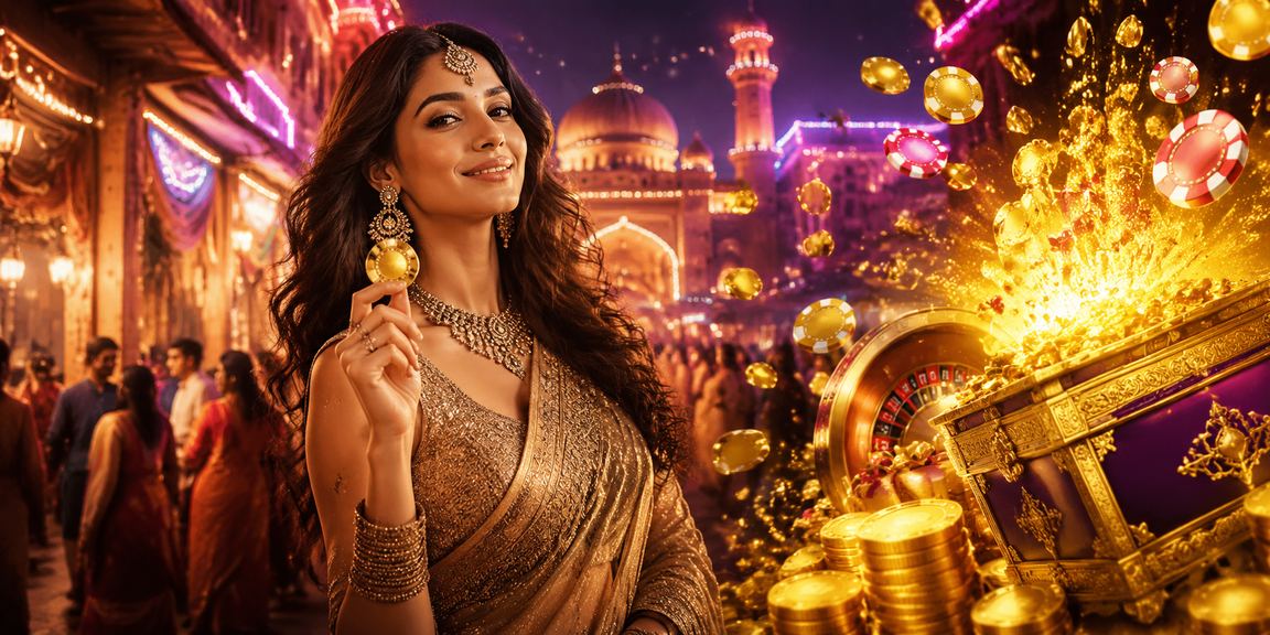 Indian man making digital payment on phone in Bollywood-themed environment