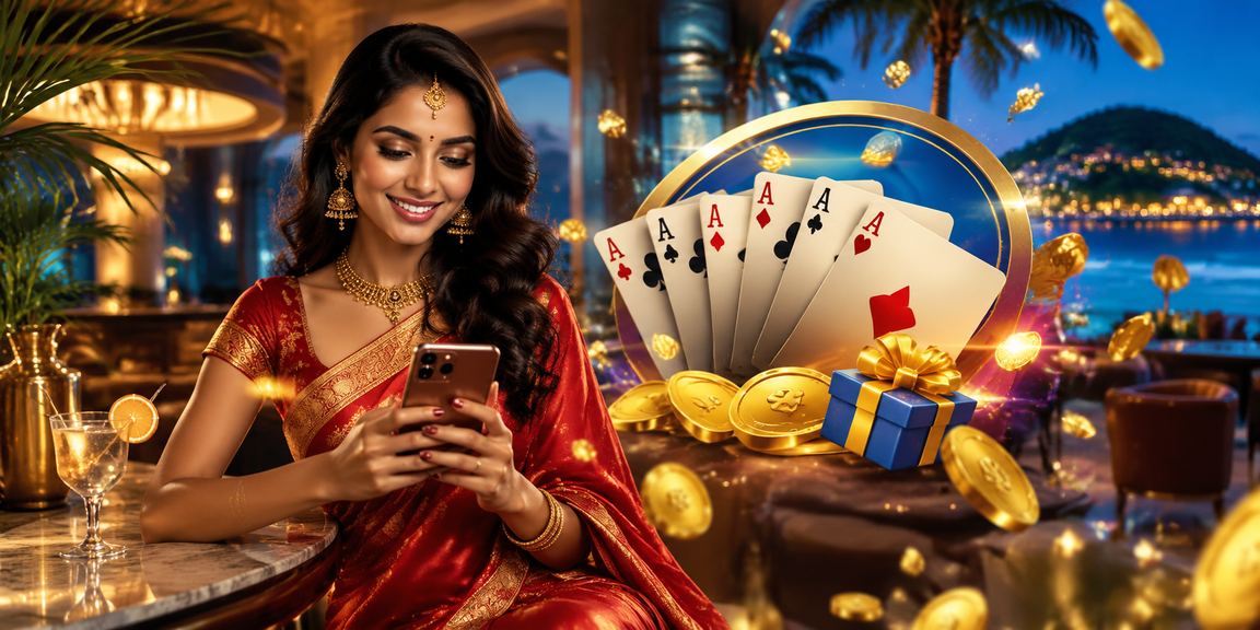 Indian player enjoying Teen Patti in traditional saree