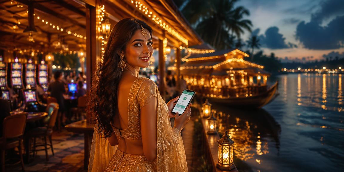Young woman using mobile betting app with traditional lehenga attire
